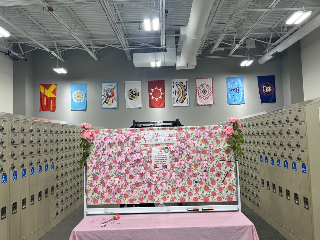 South Dakota's tribal flags in a locker room at Amazon Warehouse in Sioux Falls SD